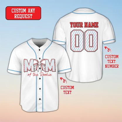 White personalized baseball jersey showing pinstripe text accents, front view