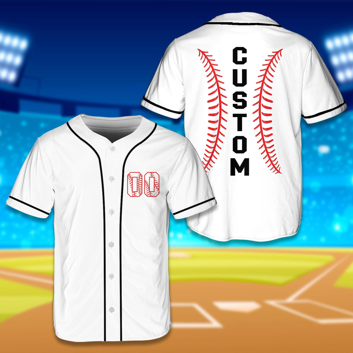 Front view of the personalized baseball jersey in white.