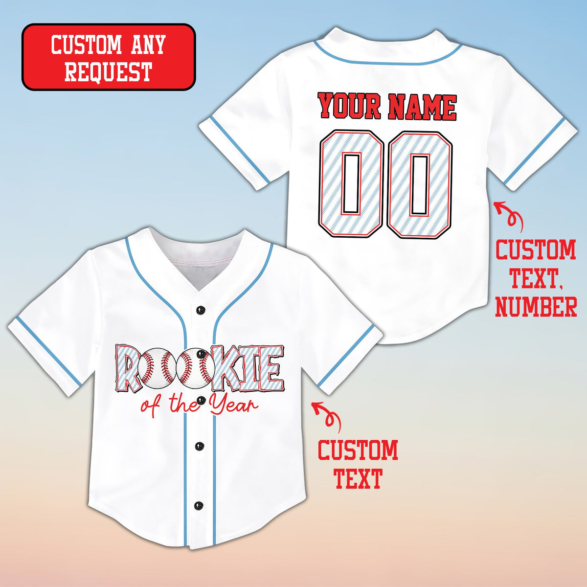 White custom family baseball jersey, front view