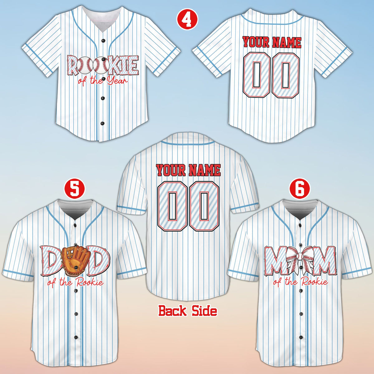 White personalized baseball jersey with glove graphic, front view