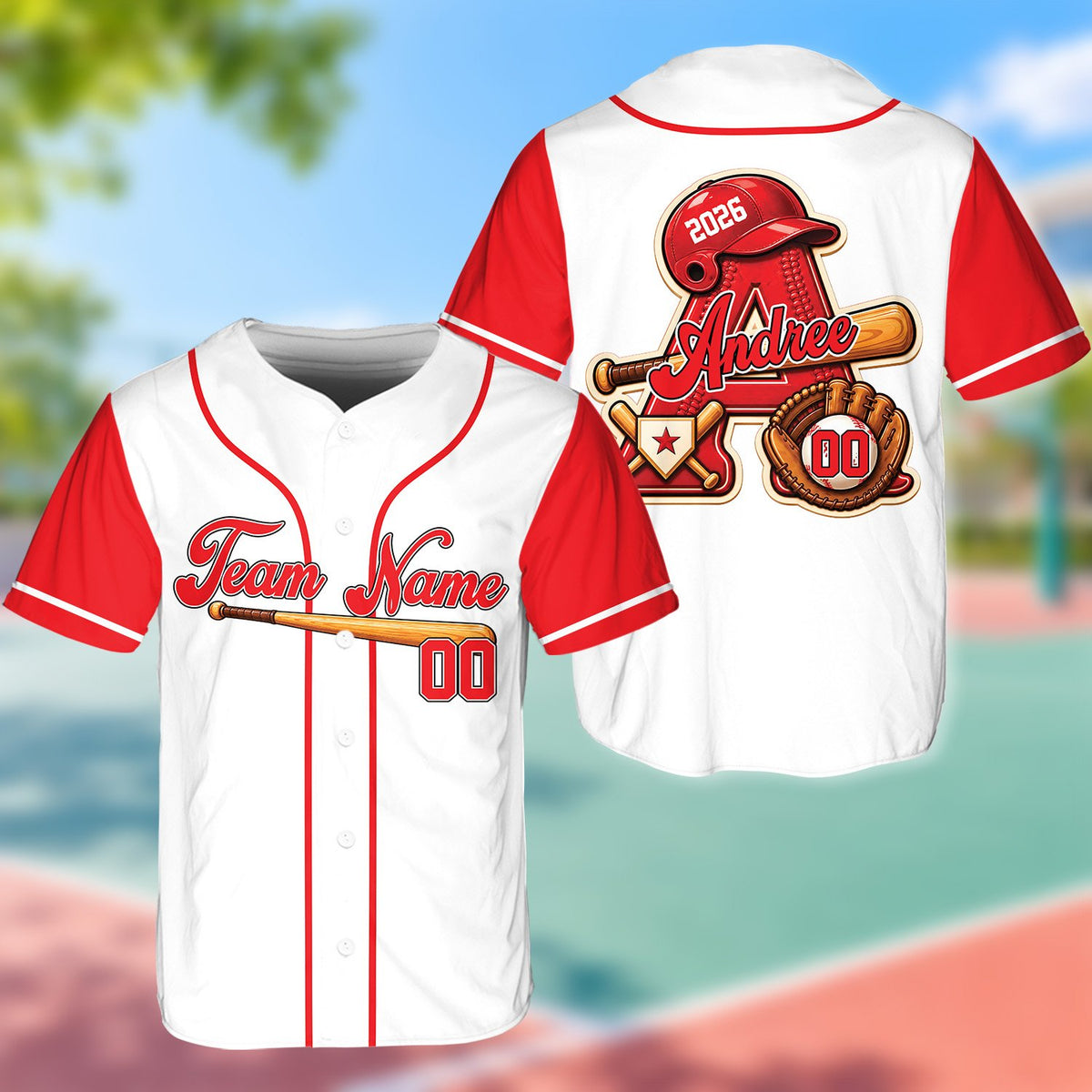 Main front view of white personalized baseball jersey featuring script text over a bat