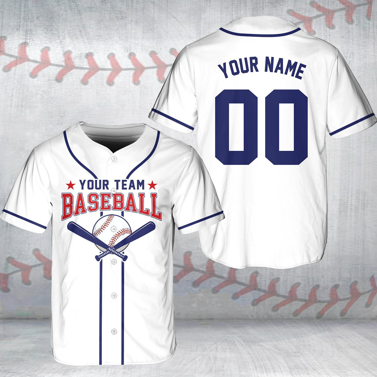 White personalized baseball jersey with custom name and number, front view