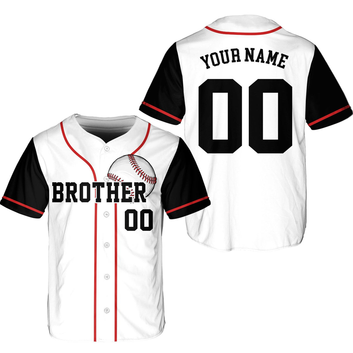 Adult posing in white and black custom baseball jersey