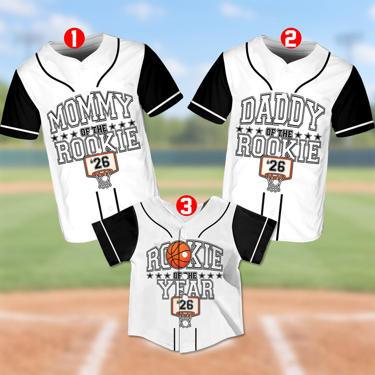 Detail view of personalization on basketball rookie baseball jersey