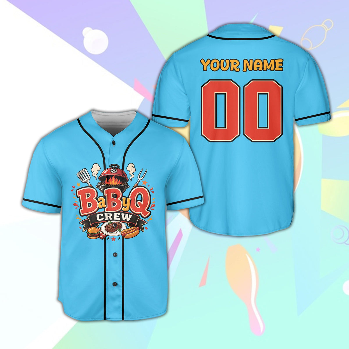 Blue bbq baseball jersey with BaByQ Crew graphic, front view
