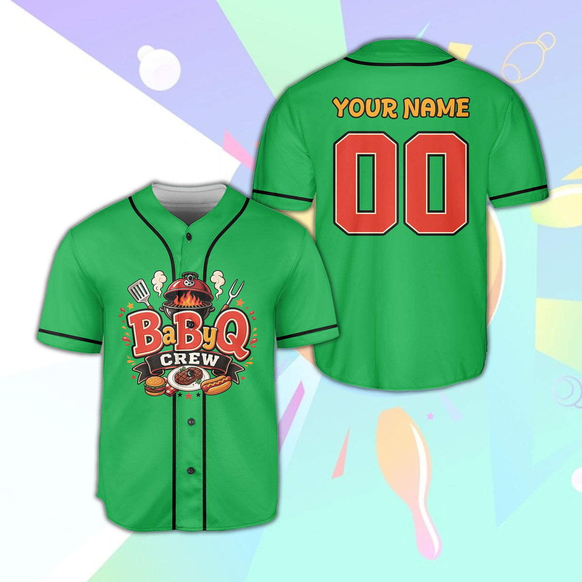 Green bbq baseball jersey with BaByQ Crew graphic, front view