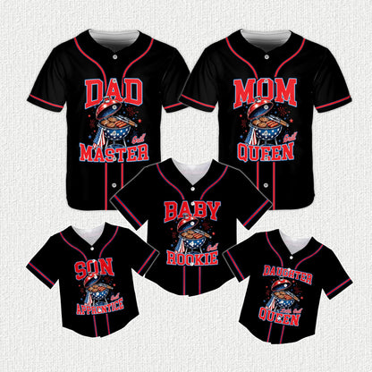 Another front view of the black bbq baseball jersey