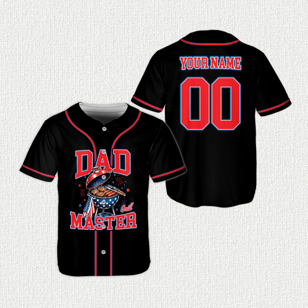 Main view of the personalized bbq grill family baseball jersey in black