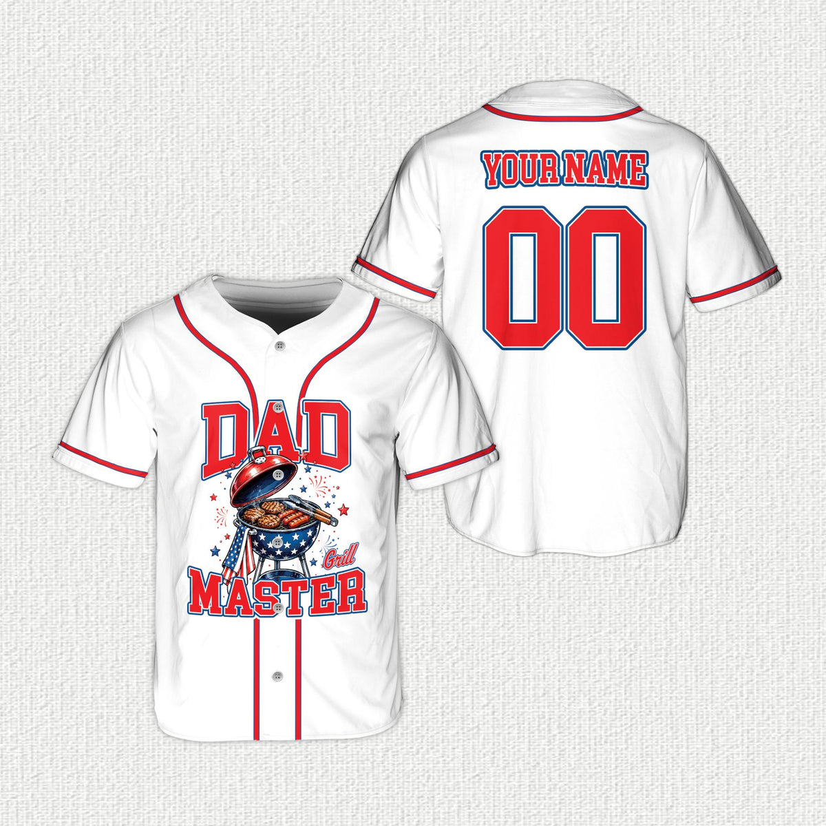 Front view of the custom bbq baseball jersey in white