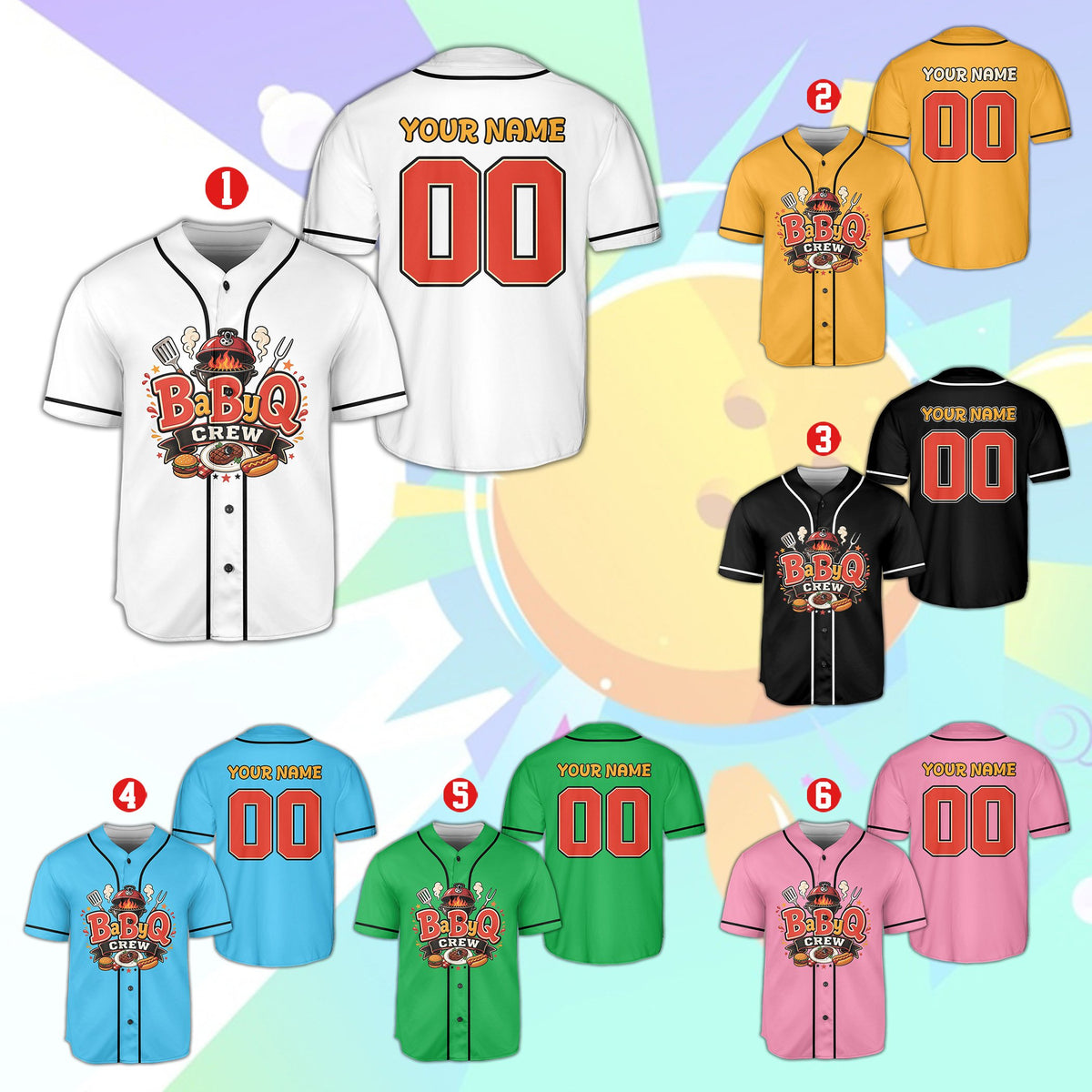 Multicolor collection of personalized bbq baseball jerseys showing different color options