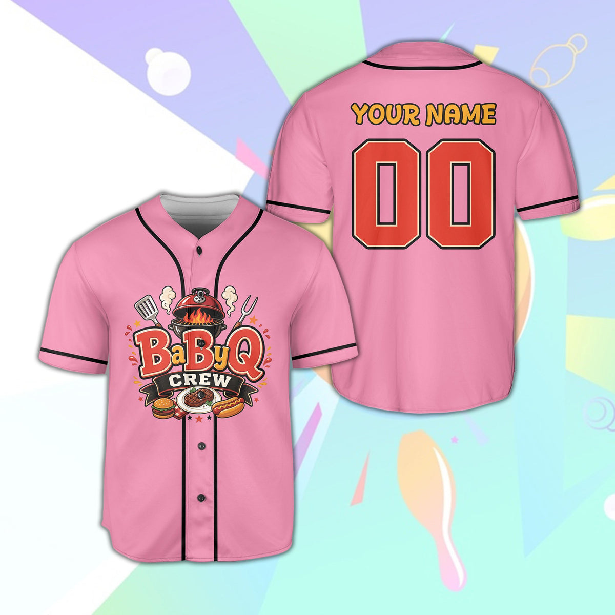 Pink bbq baseball jersey with BaByQ Crew graphic, front view