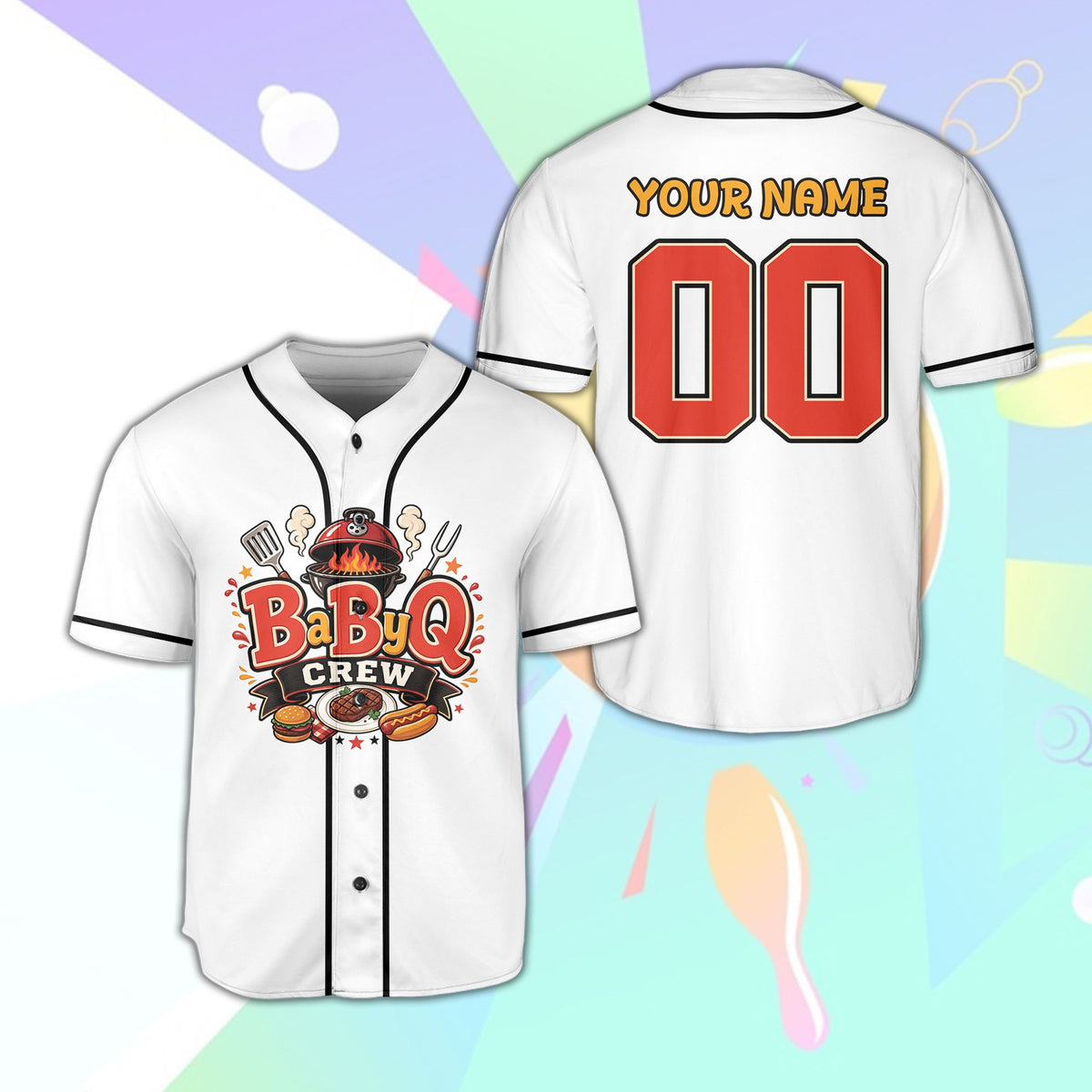 White bbq baseball jersey with BaByQ Crew graphic and grilling icons, front view