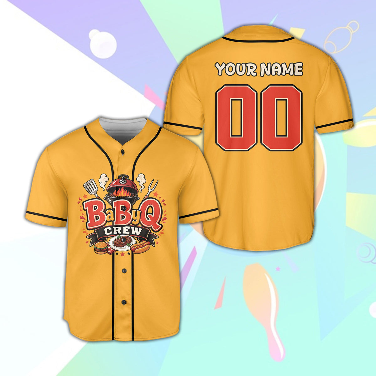 Yellow bbq baseball jersey with BaByQ Crew graphic, front view