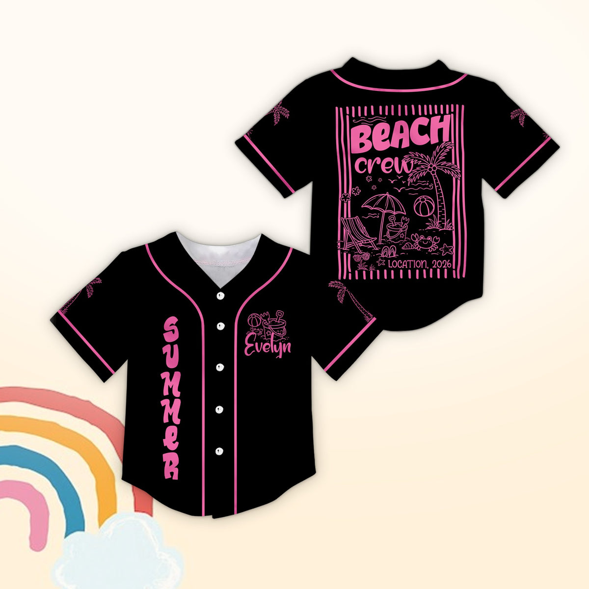 Front view of the black custom beach baseball jersey with summer text and graphics.