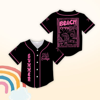 Front view of the black custom beach baseball jersey with summer text and graphics.