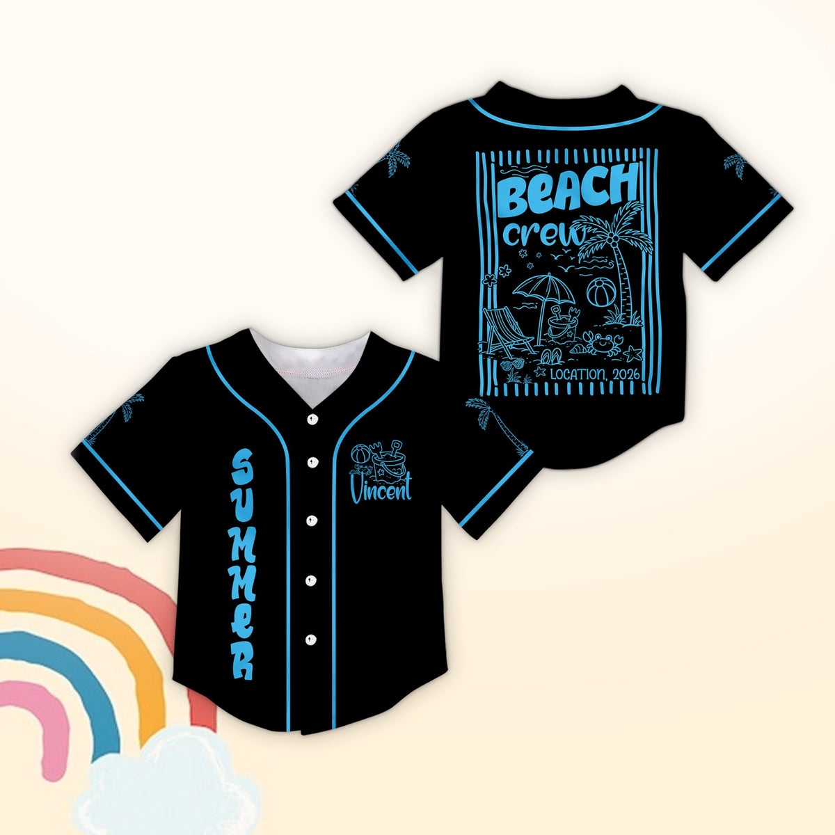 Alternate front view of the black personalized vacation baseball jersey.