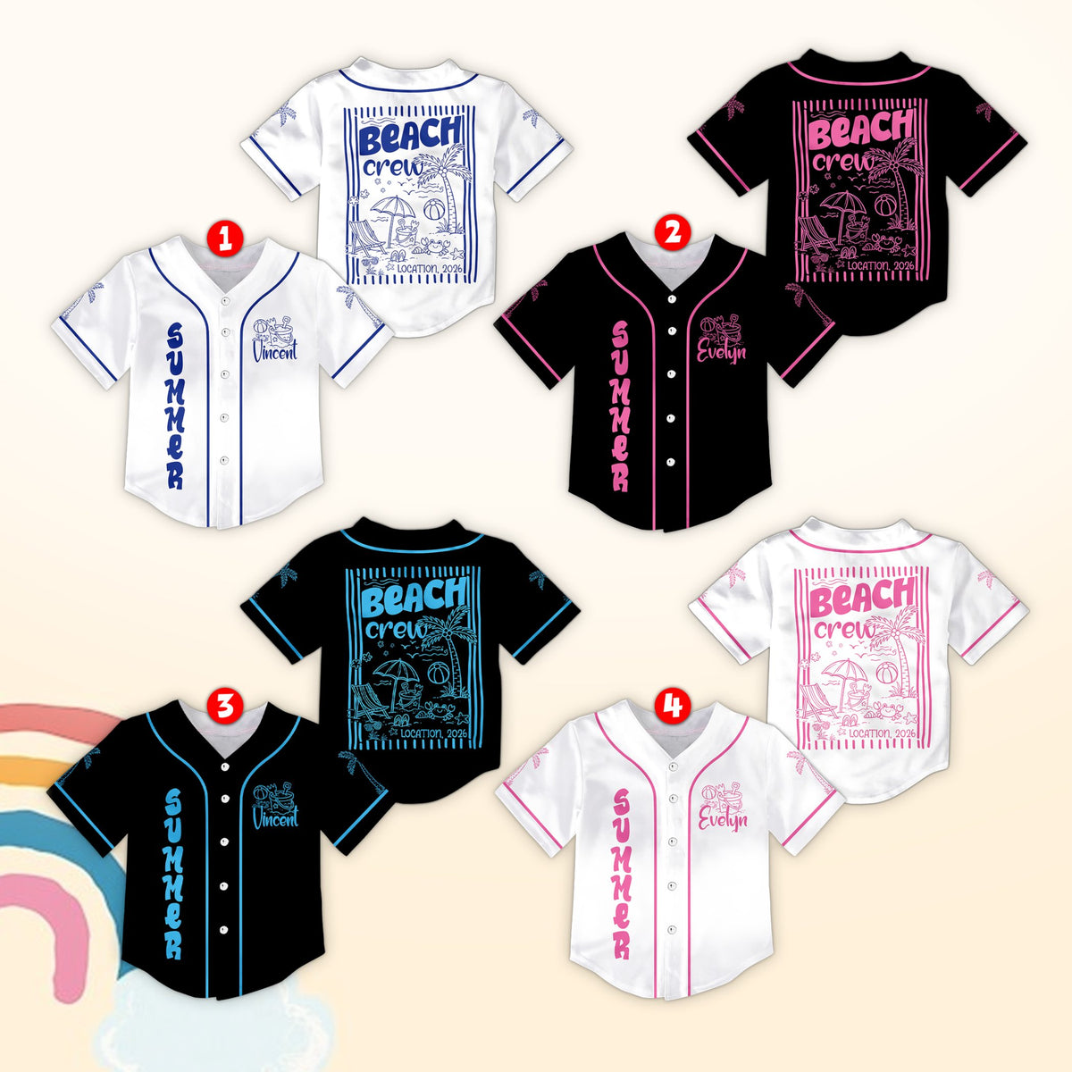 Front view of the multicolor personalized summer beach baseball jersey.