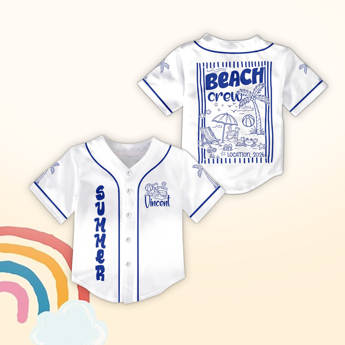 Personalized white beach vacation baseball jersey featuring custom text and summer graphics on the front and back.
