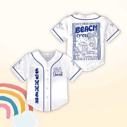 Personalized white beach vacation baseball jersey featuring custom text and summer graphics on the front and back.