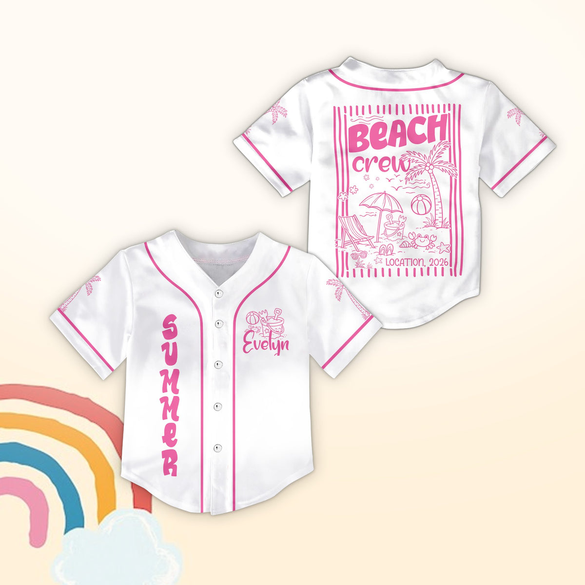 Front view of the white beach vacation baseball jersey with custom name and summer design.