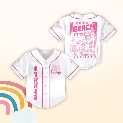 Front view of the white beach vacation baseball jersey with custom name and summer design.