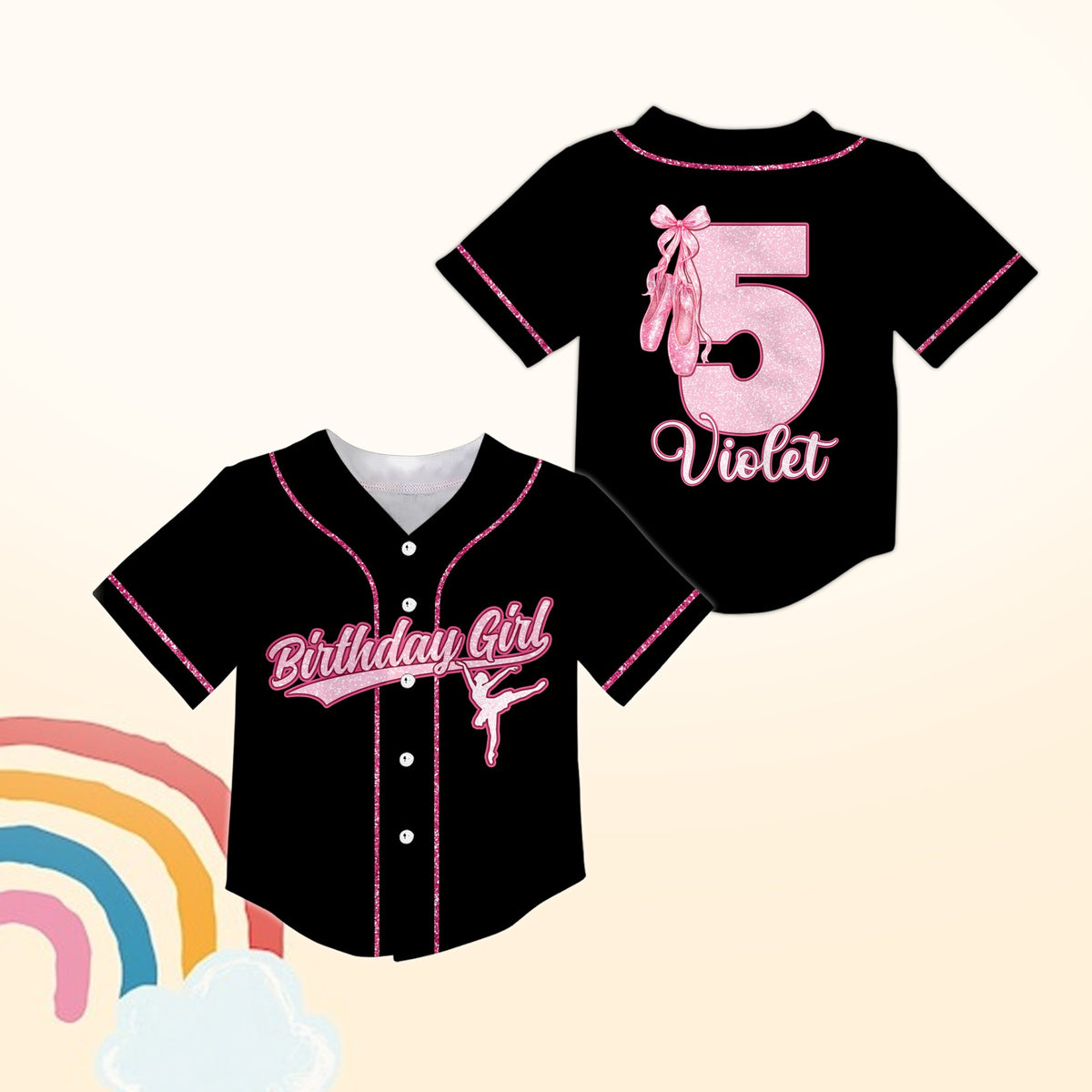 Black personalized birthday ballerina baseball jersey, front view