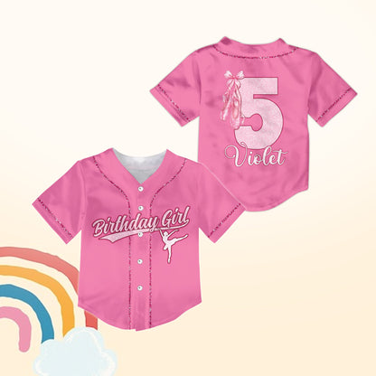 Pink personalized birthday ballerina baseball jersey, front view