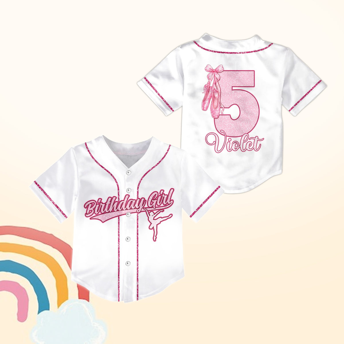 Personalized birthday ballerina baseball jersey in white with custom name and number, main view