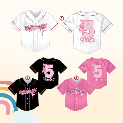 White personalized birthday ballerina baseball jersey, alternate front view