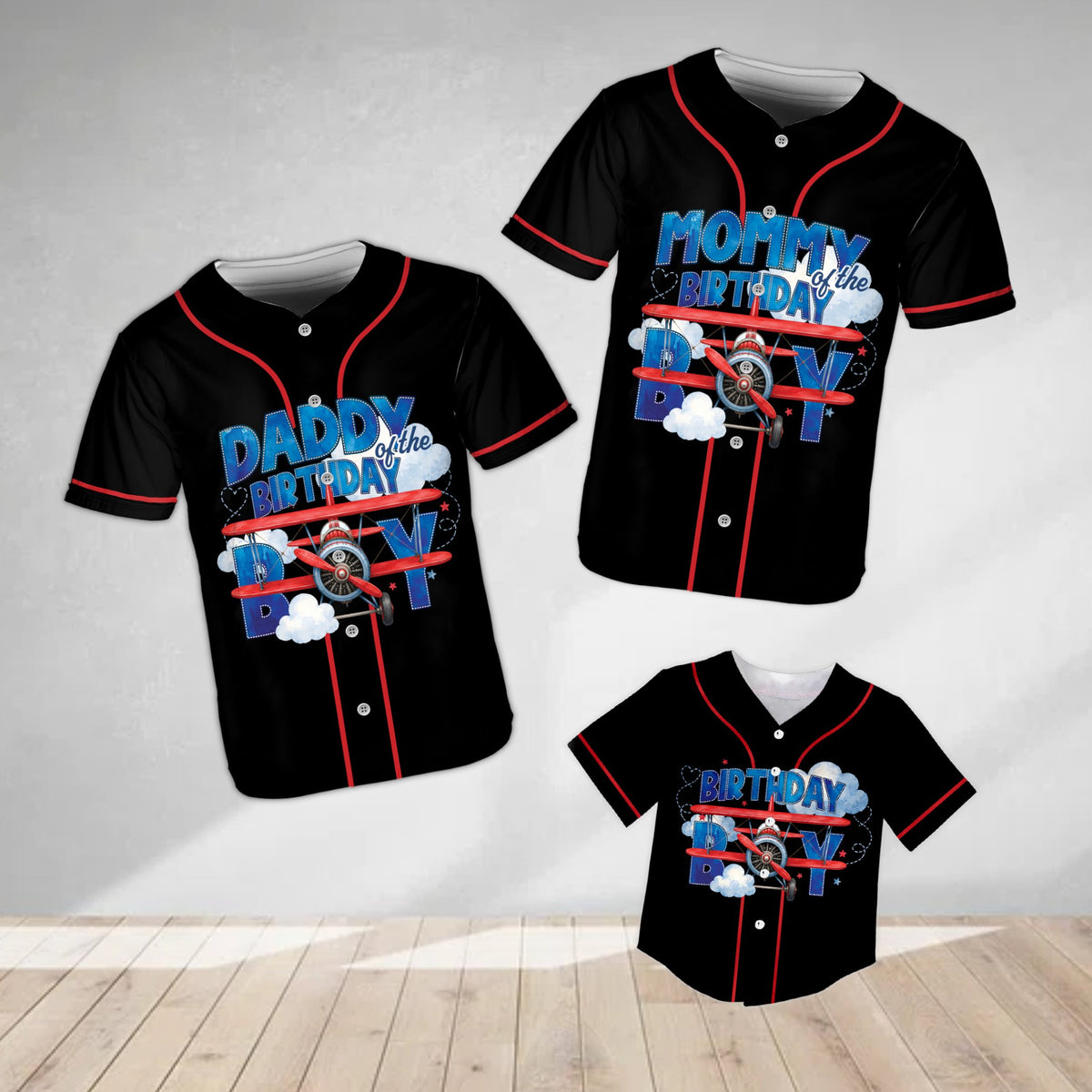 Front view of black personalized baseball jersey for birthday