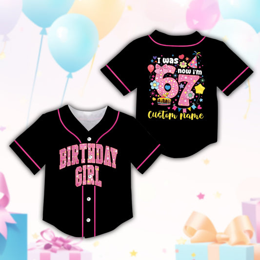 Personalized birthday baseball jersey in black, main view with custom name and number