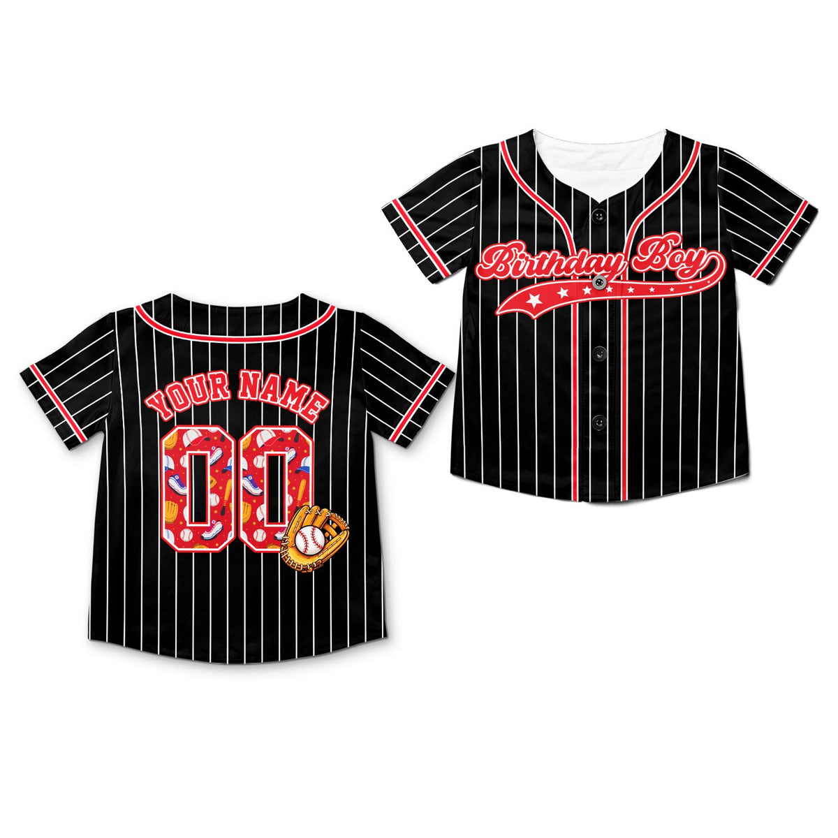 Black personalized birthday baseball jersey on hanger, main view