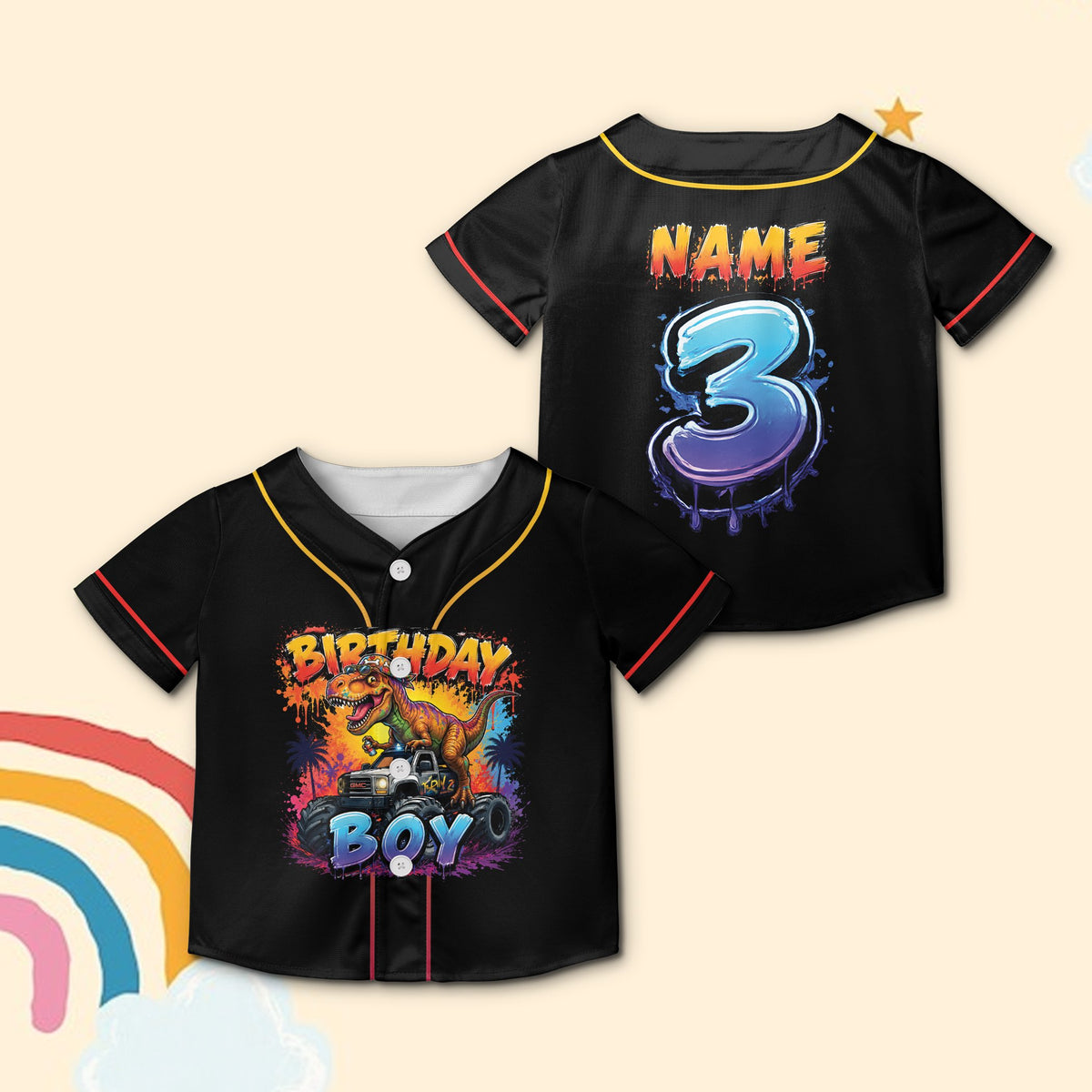 Black birthday baseball jersey with T-Rex monster truck design, main view