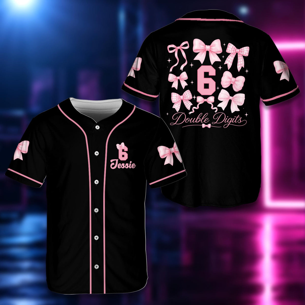 Personalized black birthday baseball jersey with pink bows and stars, displaying a custom name and number on the front.