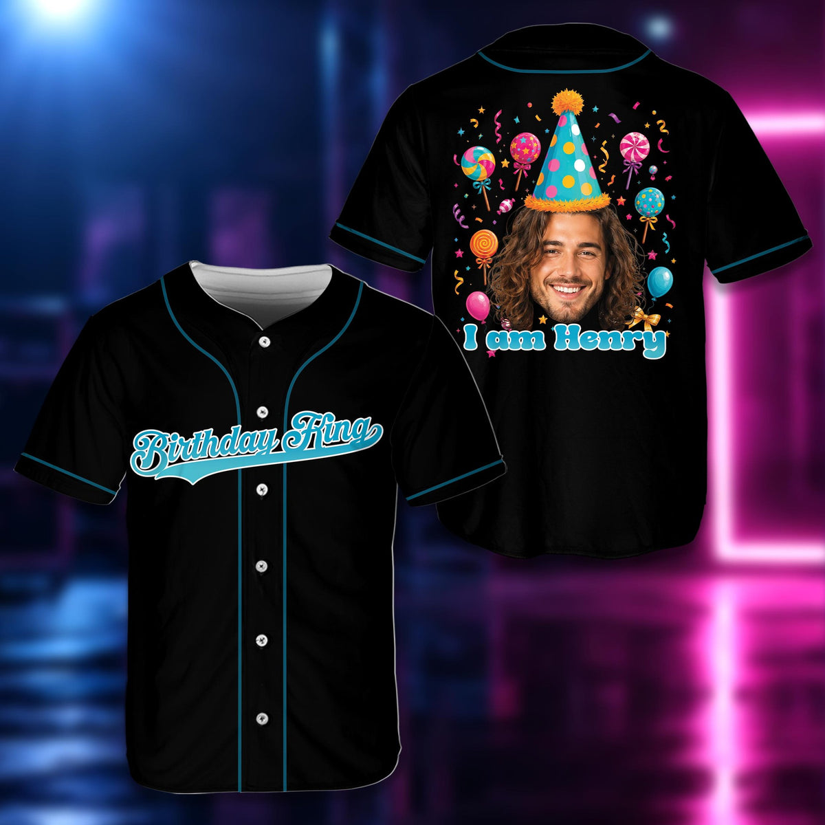 Black birthday baseball jersey showing front design with custom text