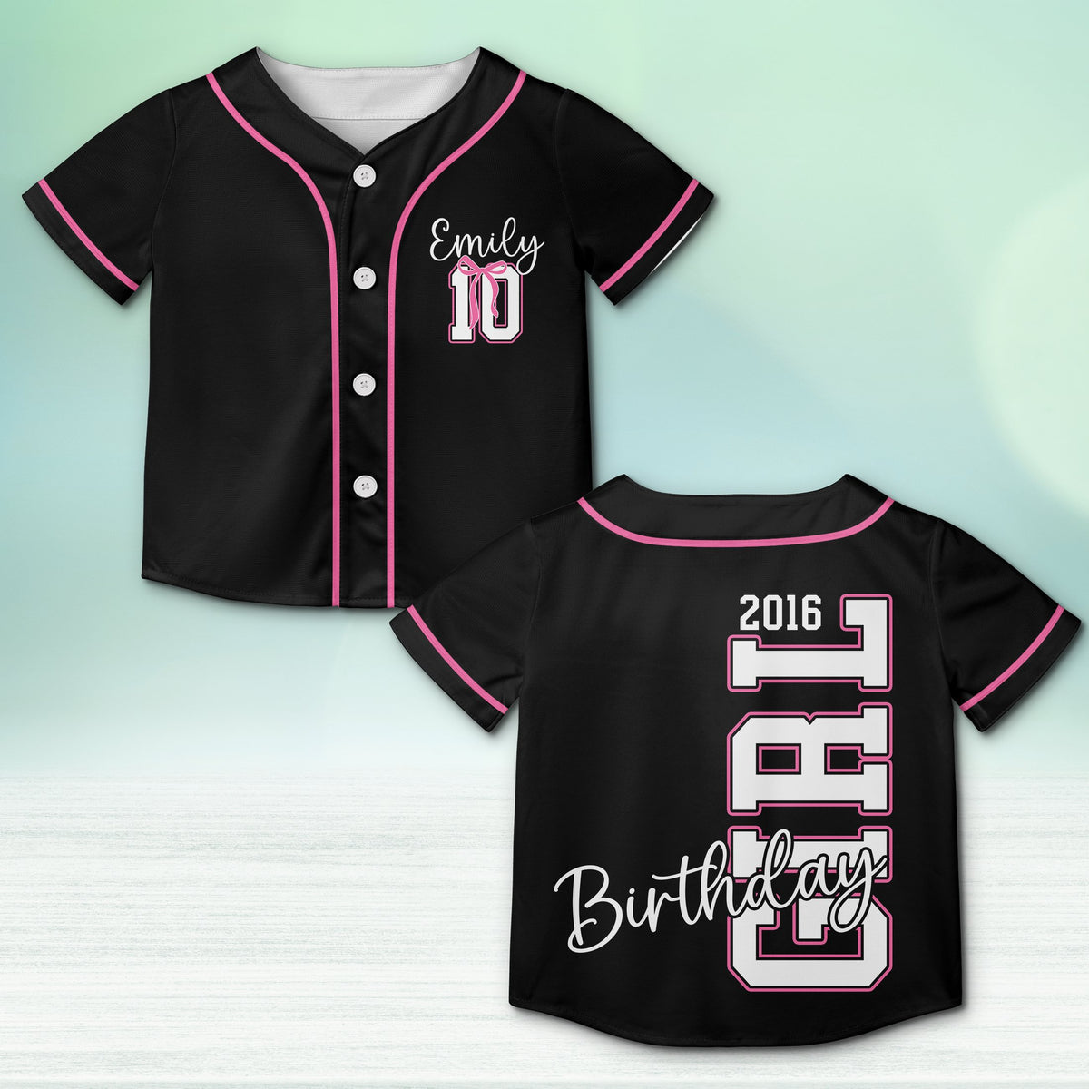 Customized black birthday baseball jersey showing front details