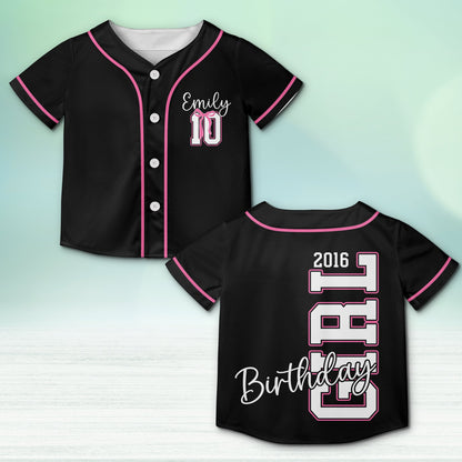 Customized black birthday baseball jersey showing front details