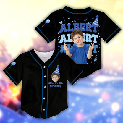 Black personalized baseball jersey with custom birthday photo design, front view