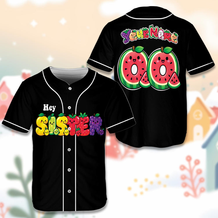 Black birthday baseball jersey featuring fruit characters spelling out words, main view