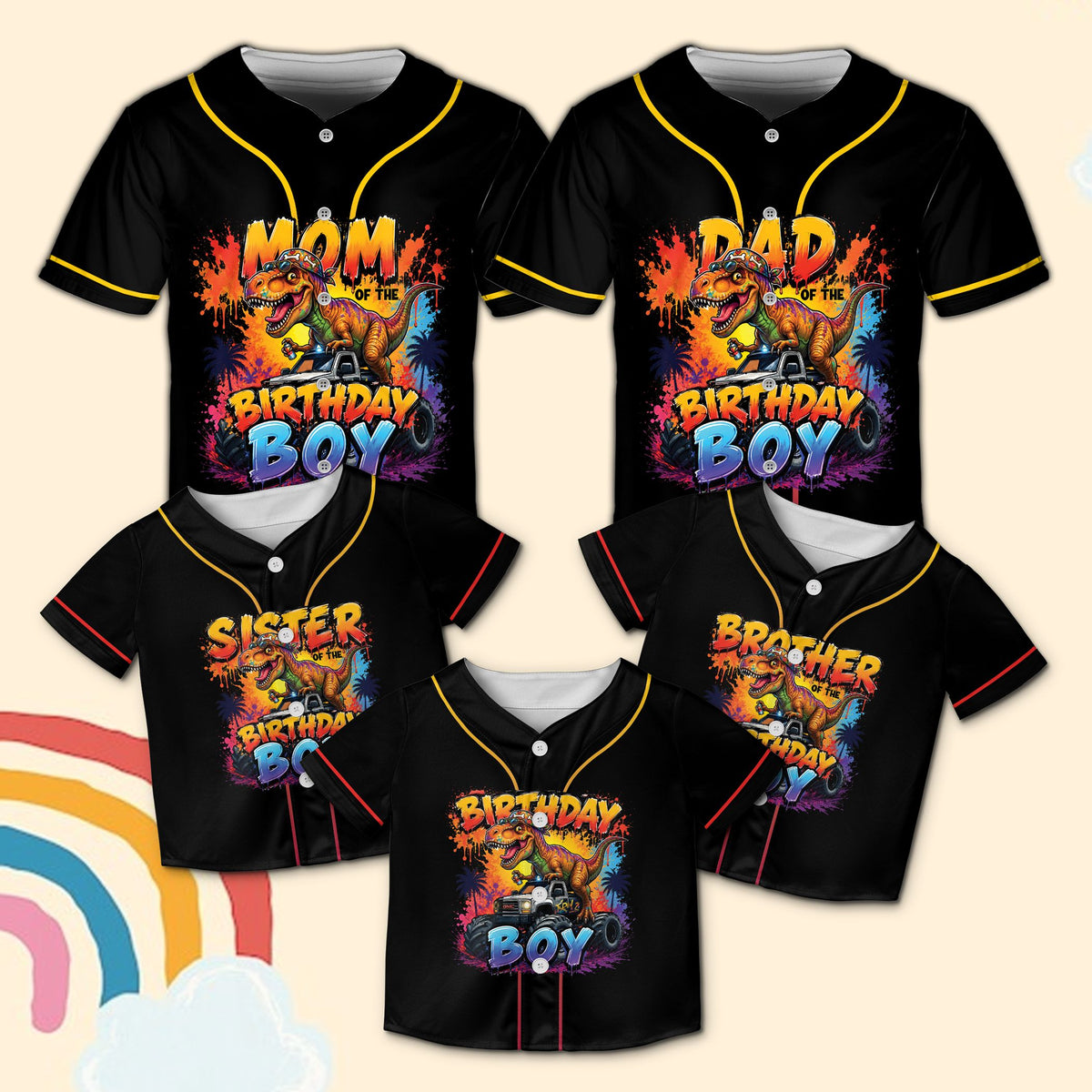 Black birthday baseball jersey with T-Rex monster truck and family text, front view