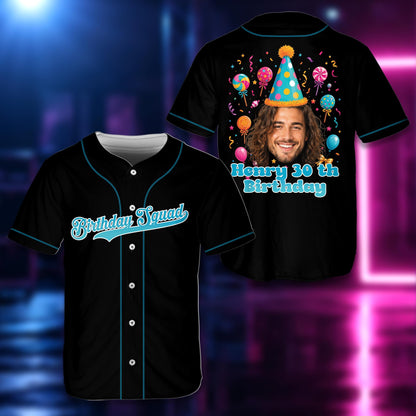 Close up of the front detail on a black birthday baseball jersey