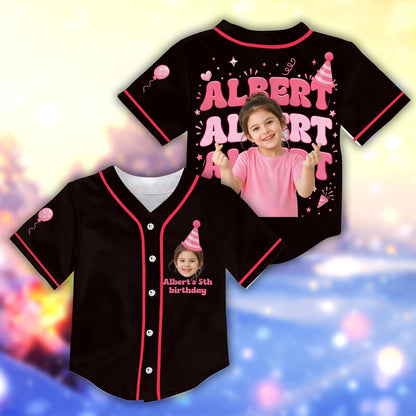 Close up of the custom name and photo details on the black birthday baseball jersey