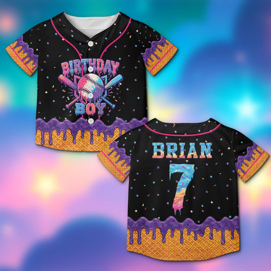 Black birthday baseball jersey with melting ice cream design and custom text, front view
