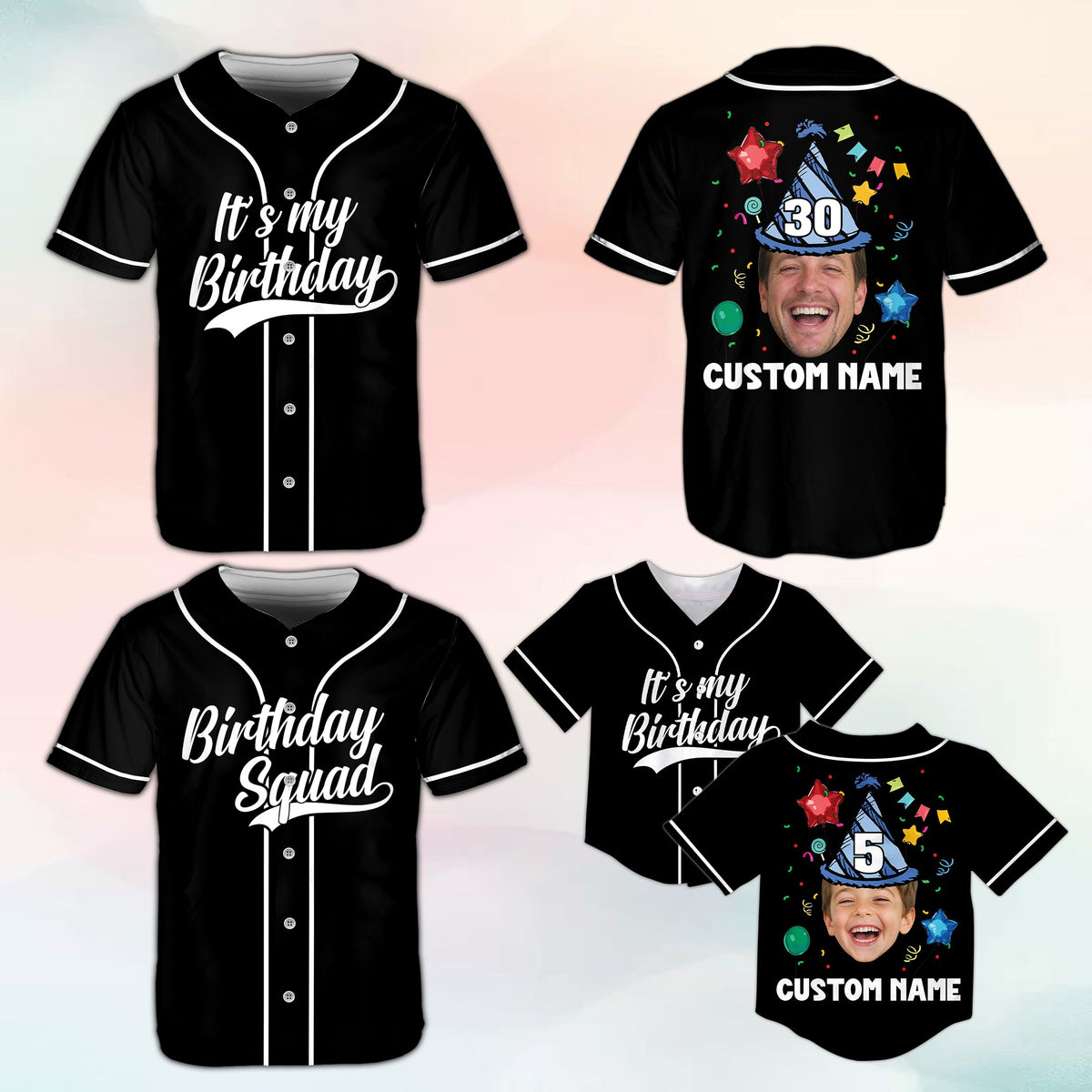 Front view of the black birthday baseball jersey with party text
