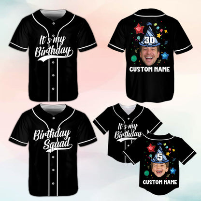 Front view of the black birthday baseball jersey with party text