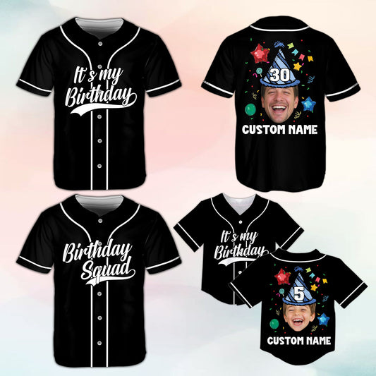 Black personalized birthday baseball jersey featuring front cursive text, main view