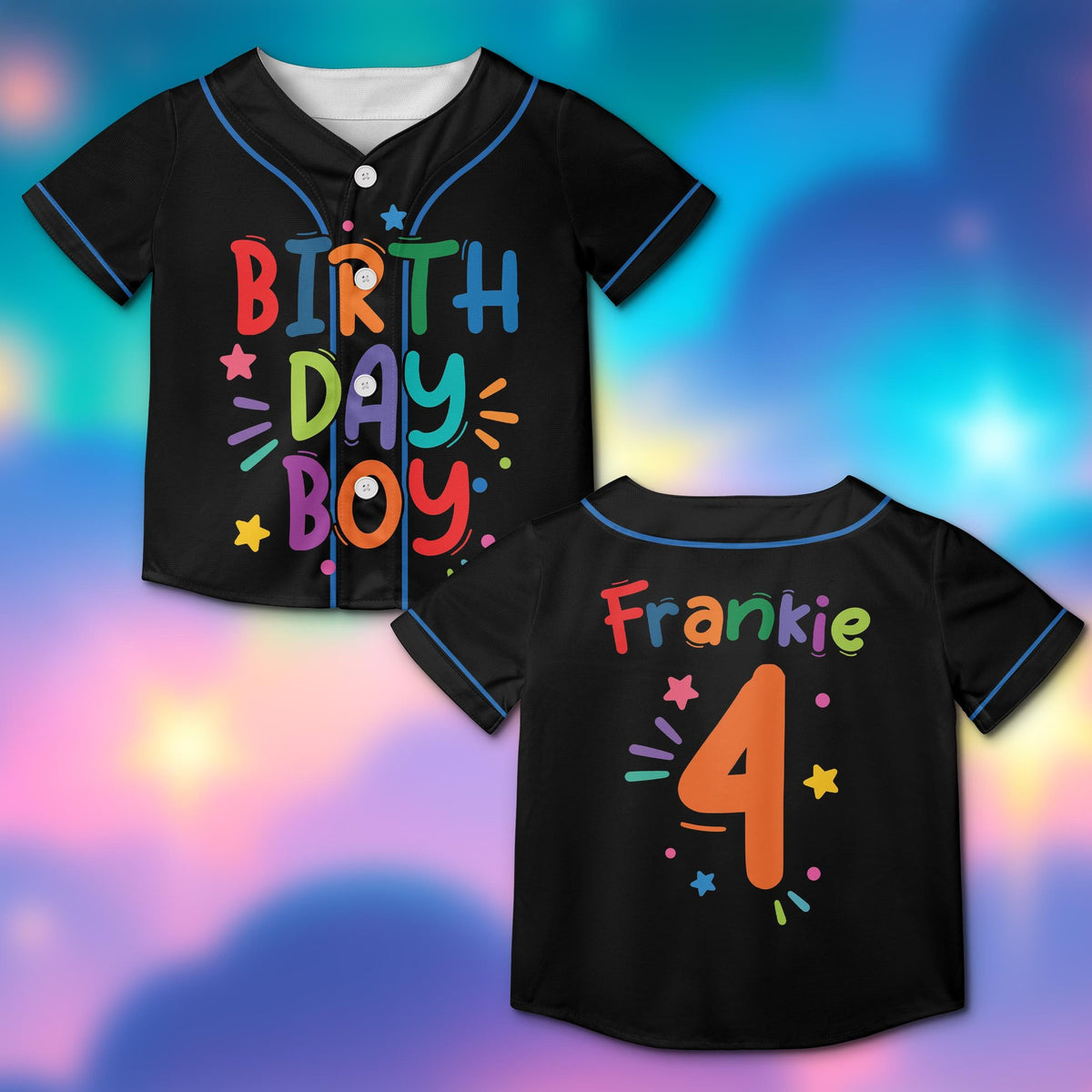 Personalized birthday baseball jersey in black with custom name and number, front view