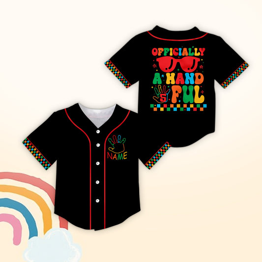 Black kids birthday baseball jersey featuring a fun five-finger graphic and custom name, main view