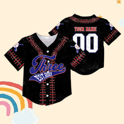 Black personalized birthday baseball jersey showing front view with cursive and block text