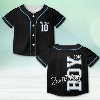 Black personalized birthday baseball jersey front view